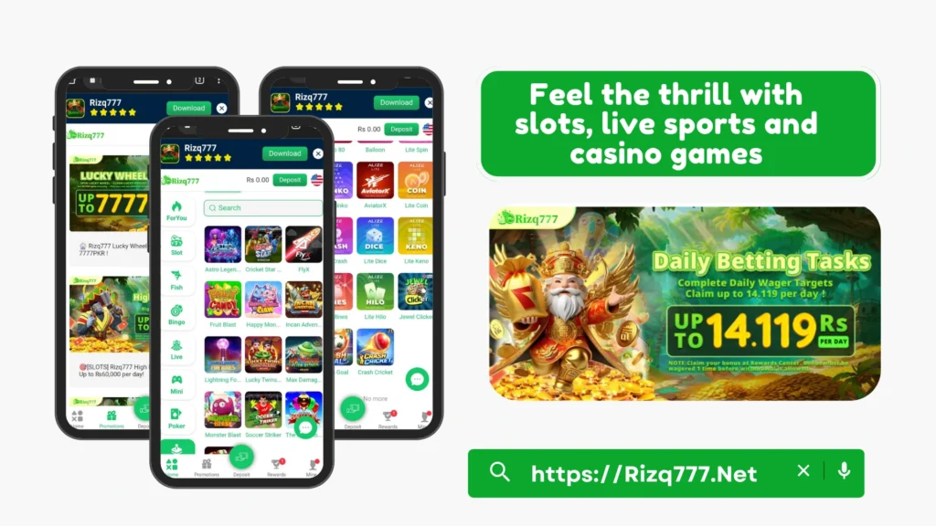 Rizq777 Game Interface with Live Casino, Slots, and Daily Tasks