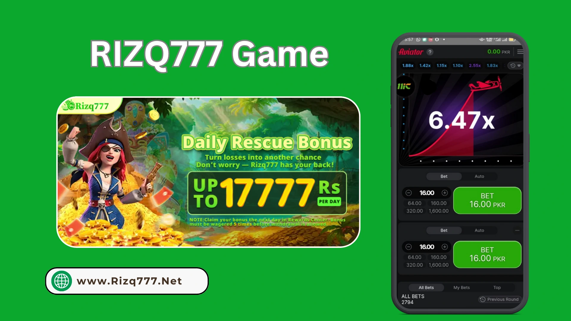 Rizq777 Game Daily Rescue Bonus and Aviator Gameplay Screen